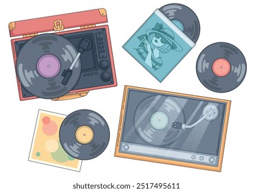 Reproductor de discos de vinilo con placa de disco vieja en paquete de cartón. Conjunto de Ilustración vectorial de dibujos animados de reproductor de música retro y disco en la vista superior de la cubierta. Antiguas fonógrafo con radio. equipo de sonido.