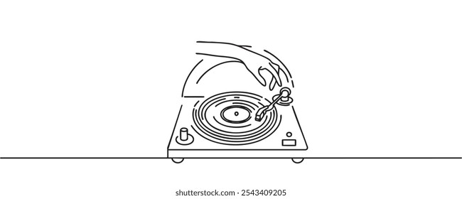 Reproductor de discos de vinilo en un estilo de línea. Dibujo de línea continua de vinilo, disco, melodía, retro, reproductor, disco. Ilustración vectorial