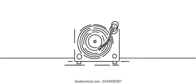 Reproductor de discos de vinilo en un estilo de línea. Dibujo de línea continua de vinilo, disco, melodía, retro, reproductor, disco. Ilustración vectorial