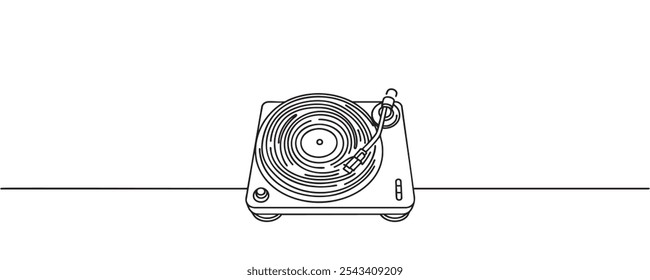 Reproductor de discos de vinilo en un estilo de línea. Dibujo de línea continua de vinilo, disco, melodía, retro, reproductor, disco. Ilustración vectorial