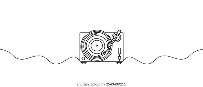 Reproductor de discos de vinilo en un estilo de línea. Dibujo de línea continua de vinilo, disco, melodía, retro, reproductor, disco. Ilustración vectorial