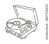 Vinyl record player outline icon, black and white vector illustration in isometric view. Retro turntable, vintage audio equipment, music hobby and analog sound clipart