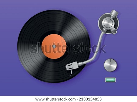 Vinyl record player realistic composition stylish purple record player is on and playing a song vector illustration