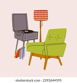 Vinyl record player, records, floor lamp, fluffy armchair. Hand drawn Vector isolated illustration. Home decor, retro style apartment, music, audio device, interior composition, coziness concept