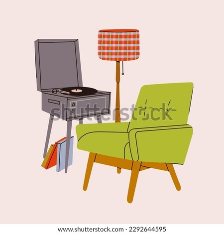 Vinyl record player, records, floor lamp, fluffy armchair. Hand drawn Vector isolated illustration. Home decor, retro style apartment, music, audio device, interior composition, coziness concept