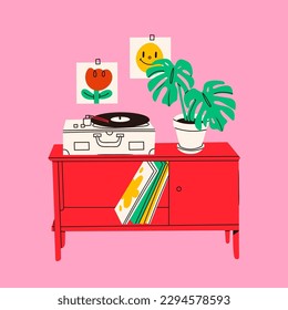 Reproductor de discos de vinilo, discos, planta de hogar, modo de cómputo de madera. Ilustración aislada de Vector dibujado a mano. Decoración del hogar, apartamento estilo retro, música, dispositivo de audio, composición del interior, concepto de comodidad