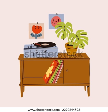 Vinyl record player, records, home plant, wooden commode. Hand drawn Vector isolated illustration. Home decor, retro style apartment, music, audio device, interior composition, coziness concept