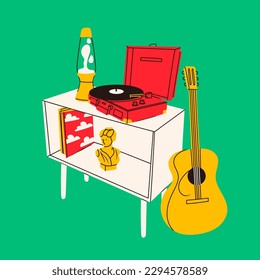 Grabador de vinilo, discos, lámpara de lava, guitarra, modo de madera. Ilustración aislada de Vector dibujado a mano. Decoración del hogar, apartamento estilo retro, música, dispositivo de audio, composición del interior, concepto de comodidad