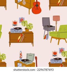 Vinyl record player, records, lava lamp, guitar, furniture. Hand drawn Vector illustration. Home decor, retro style apartment, interior composition, coziness concept. Square seamless Pattern