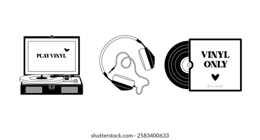 Vinyl record player. Retro vinyl disc, wired headphones and analog turntable, old school music technology, audiophile home furnishing. Vector flat black and white set