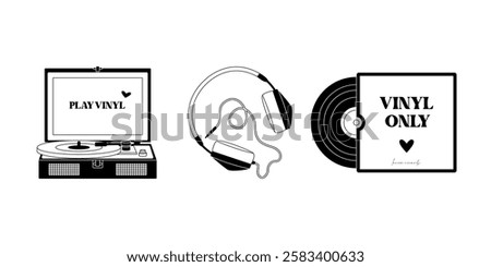 Vinyl record player. Retro vinyl disc, wired headphones and analog turntable, old school music technology, audiophile home furnishing. Vector flat black and white set