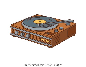 Vinyl record player retro groovy nostalgic music device with a needle, arm, and turntable, used to play analog sound from grooved vinyl discs, embodying vintage aesthetics and warm audio quality