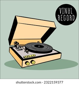 Vinyl record player. Sound recording equipment in wooden case, in the retro style of the 60s. Radio