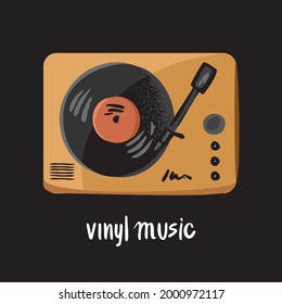 Vinyl record player top view isolated on a black background. A trendy vintage musical object with a vinyl record. Home music studio. A gift for music lovers. Vector illustration
