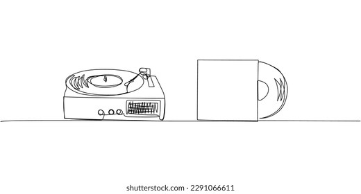 Vinyl Record Player Turntable with Vinyl audio record set one line art. Continuous line drawing of vinyl, record, melody, studio, electronic, music, vintage, dj, phonograph, antique, disco, audio