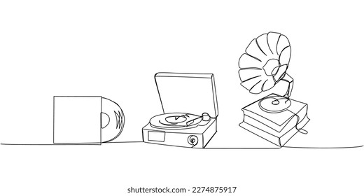 Vinyl Record Player Turntable with Gramophone and Vinyl audio record set one line art. Continuous line drawing of melody, electronic, vintage, dj, phonograph, antique, disco, audio