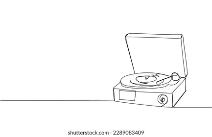 Grabador de vinilo Artista de una línea giratoria. Dibujo continuo de línea de vinilo, grabación, melodía, estudio, electrónica, música, vintage, retro, reproductor, disco, groove, dj, antiguo, gramófono, disco, audio