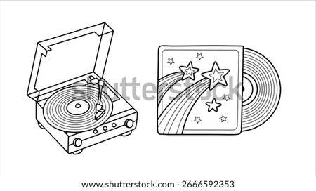 Vinyl record player, turntable. Retro music audio device. Contour outline icon. Isolated vector illustration.