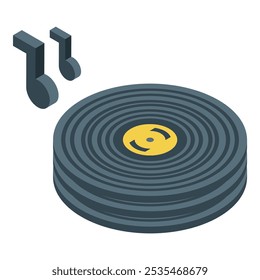 Vinyl record playing music with notes on white background