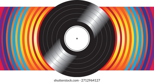 Vinyl record presenting abstract sound waves creating a vibrant, psychedelic background, representing music, audio, and vintage entertainment concepts