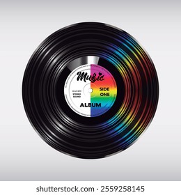 Vinyl record with rainbow half paper label in the middle. Vector isolated on white background.
