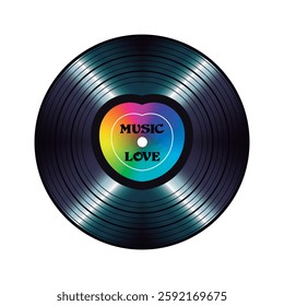 Vinyl record with rainbow heart shape label. Vector isolated on white background.	