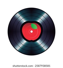 Vinyl record with red apple shape label. Vector isolated on white background.	