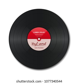 Vinyl record with red label. Vinyl isolated on white. Old technology. Realistic retro design. Vector illustration