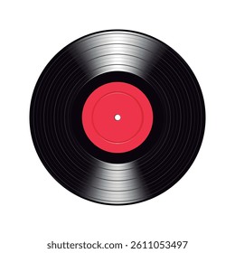 Vinyl record with red paper label. Vector isolated on white background