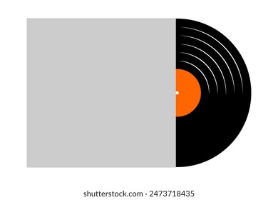 Vinyl record removing from the empty album cover. LP or long play music disc isolated on white background. New single song concept. 60s 70s 80s nostalgia theme. Vector flat illustration.