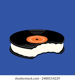 Vinyl record representing cake with milky taste again bright blue background. Sweet bite. Creative vector illustration. Concept of music, retro style, creativity, pop art, food, enjoyment, surrealism