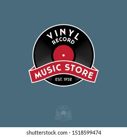 Vinyl Record with ribbon. Logo for vintage music store. Identity in engraving style. 