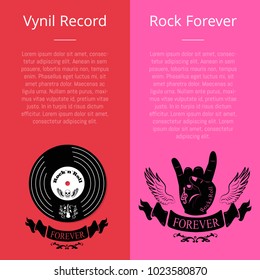 Vinyl record and rock forever collection of banners with text. Isolated vector illustration of plastic disk along with sign of horn and pair of wings