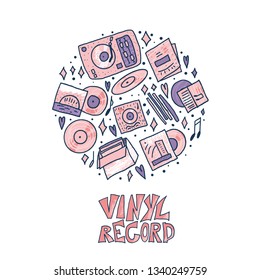 Vinyl record round badge. Carcle concept with doodle music sings. Vector color illustration with lettering.