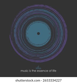 Vinyl record silhouette in the form of a vortex on black background. Music poster design with colorful vinyl record and inspirational quotes. Vector illustration.