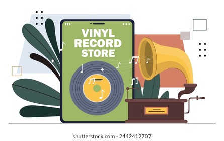 Concepto de tienda de discos de vinilo. Compra y guarda con artículos y cosas retro. Equipo de audio para grabación de música y canciones. Publicidad y marketing, comercio. Ilustración de vector plano de dibujos animados