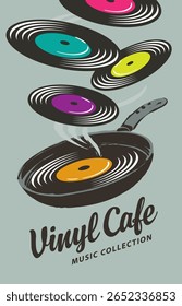 Vinyl record store vector banner with set of falling colorful records and retro frying pan player. Advertising poster, flyer, poster, menu, logo. No artificial intelligence used.
