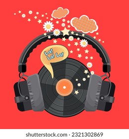 Vinyl record with studio headphones put on top surrounded by flowers, stars and clouds. Poster, cover, title page. Red background. Vector illustration