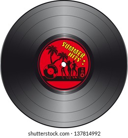 Vinyl record with summer hits label in vector format isolated on white background