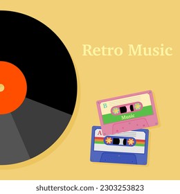 Vinyl record and tape cassettses in vintage style. Old retro music or sound audio. Memory of music technology.