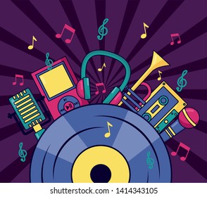 vinyl record trumpet cassette headphones microphone music colorful background vector illustration