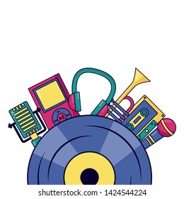 vinyl record trumpet cassette headphones microphone music background vector illustration