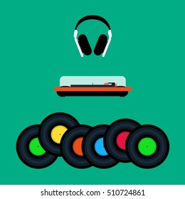 Vinyl record Vector illustration Headphones, a turntable and set of vinyl records Flat design