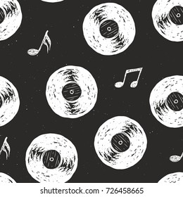 Vinyl record vintage seamless pattern hand drawn label sketch, grunge textured retro badge, typography design t-shirt print, vector illustration .