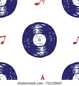 Vinyl record vintage seamless pattern hand drawn label sketch, grunge textured retro badge, typography design t-shirt print, vector illustration .