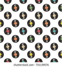 Vinyl record vintage seamless pattern hand drawn label sketch, grunge textured retro badge, typography design t-shirt print, vector illustration .