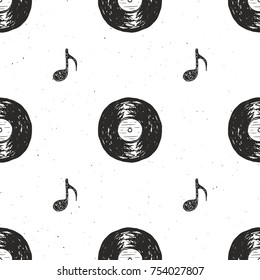 Vinyl record vintage seamless pattern hand drawn label sketch, grunge textured retro badge, typography design t-shirt print, vector illustration .
