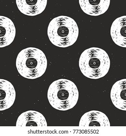 Vinyl record vintage seamless pattern hand drawn label sketch, grunge textured retro badge, typography design t-shirt print, vector illustration .