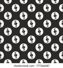 Vinyl record vintage seamless pattern hand drawn label sketch, grunge textured retro badge, typography design t-shirt print, vector illustration .