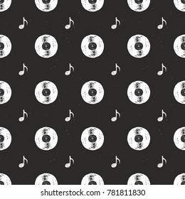 Vinyl record vintage seamless pattern hand drawn label sketch, grunge textured retro badge, typography design t-shirt print, vector illustration .